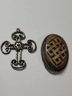 Cross Pendant and Brown Celtic Knot Brooch